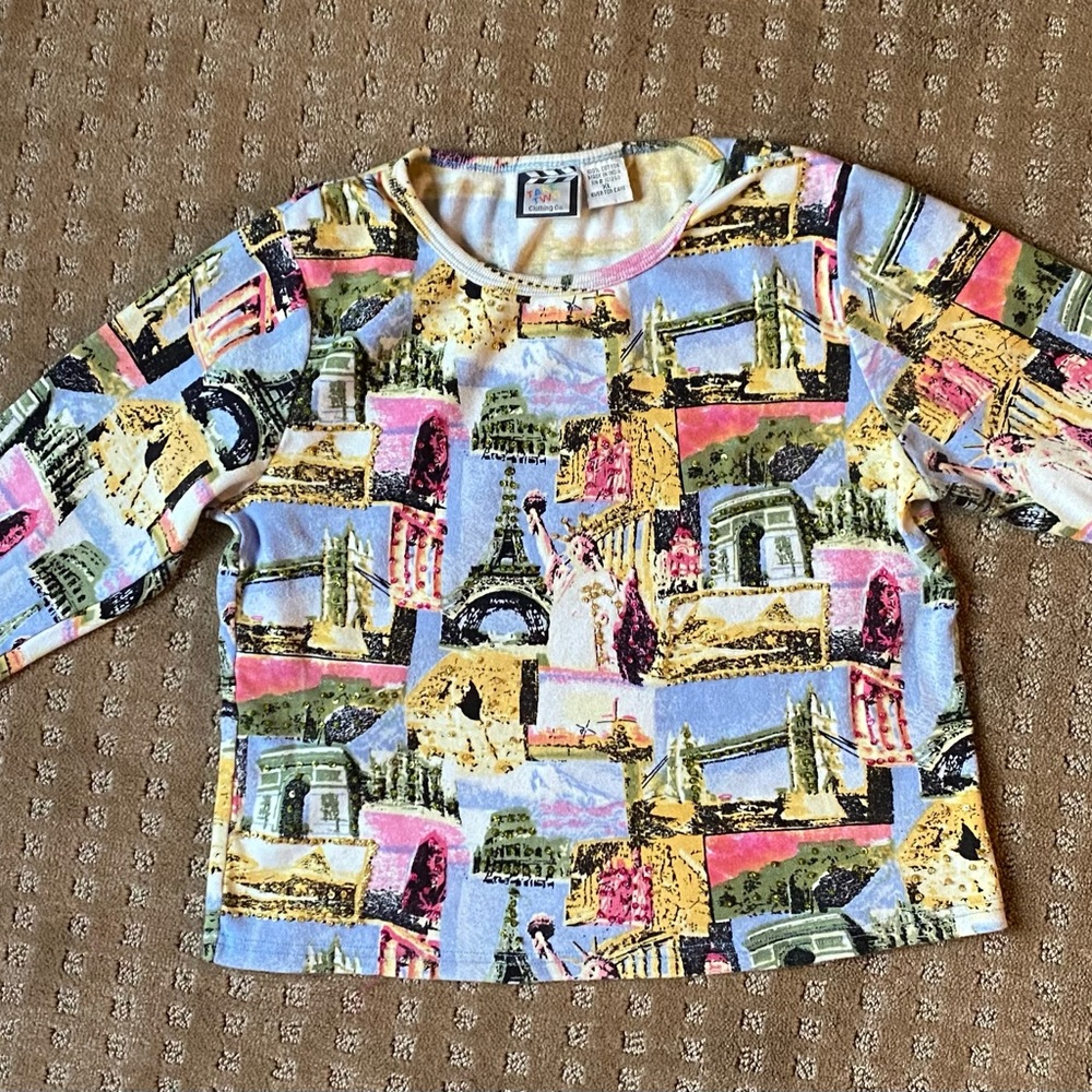Take Two & Co. Beaded multi-color top “famous sites” print-100% cotton. Size XL.